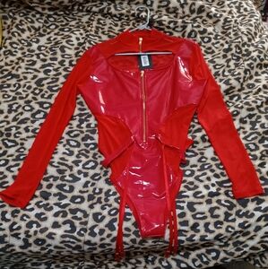Red vinyl and mesh bodysuit